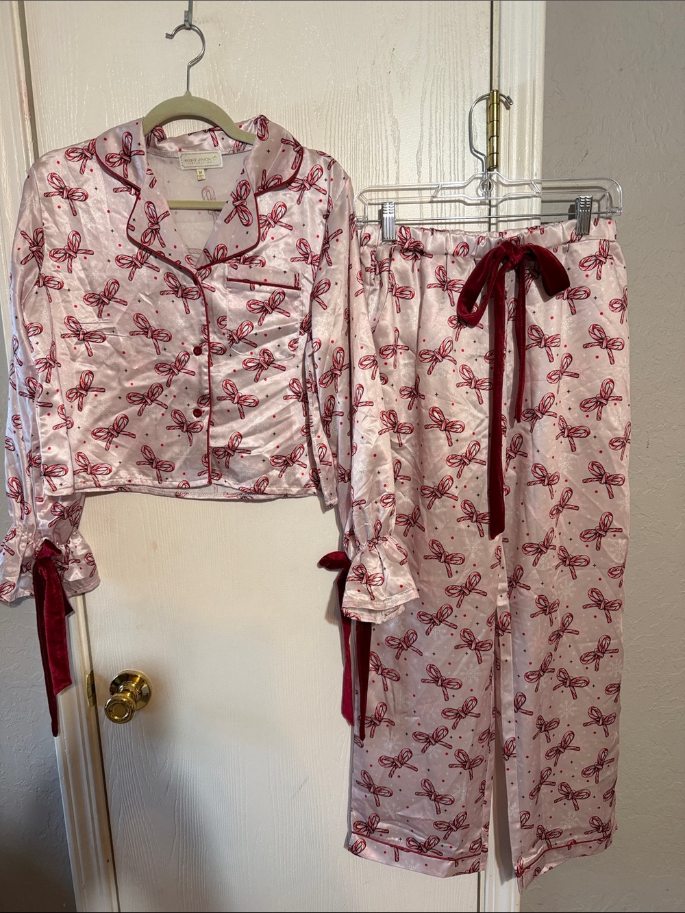 Simply Southern Pink Satin Bow-Print Pajama Set with Burgundy Accents